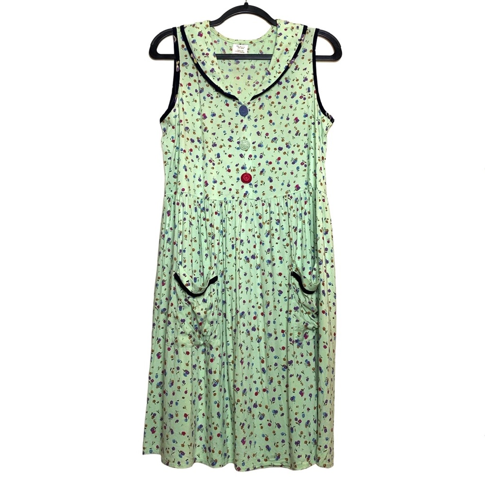 Vintage 1980s light green floral sleeveless collared dress size L - Picture 4 of 15